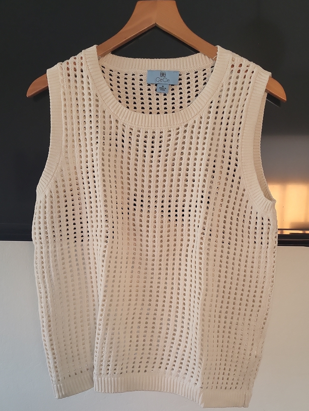 CeCe Openwork Crochet Sleeveless Knit in Cream